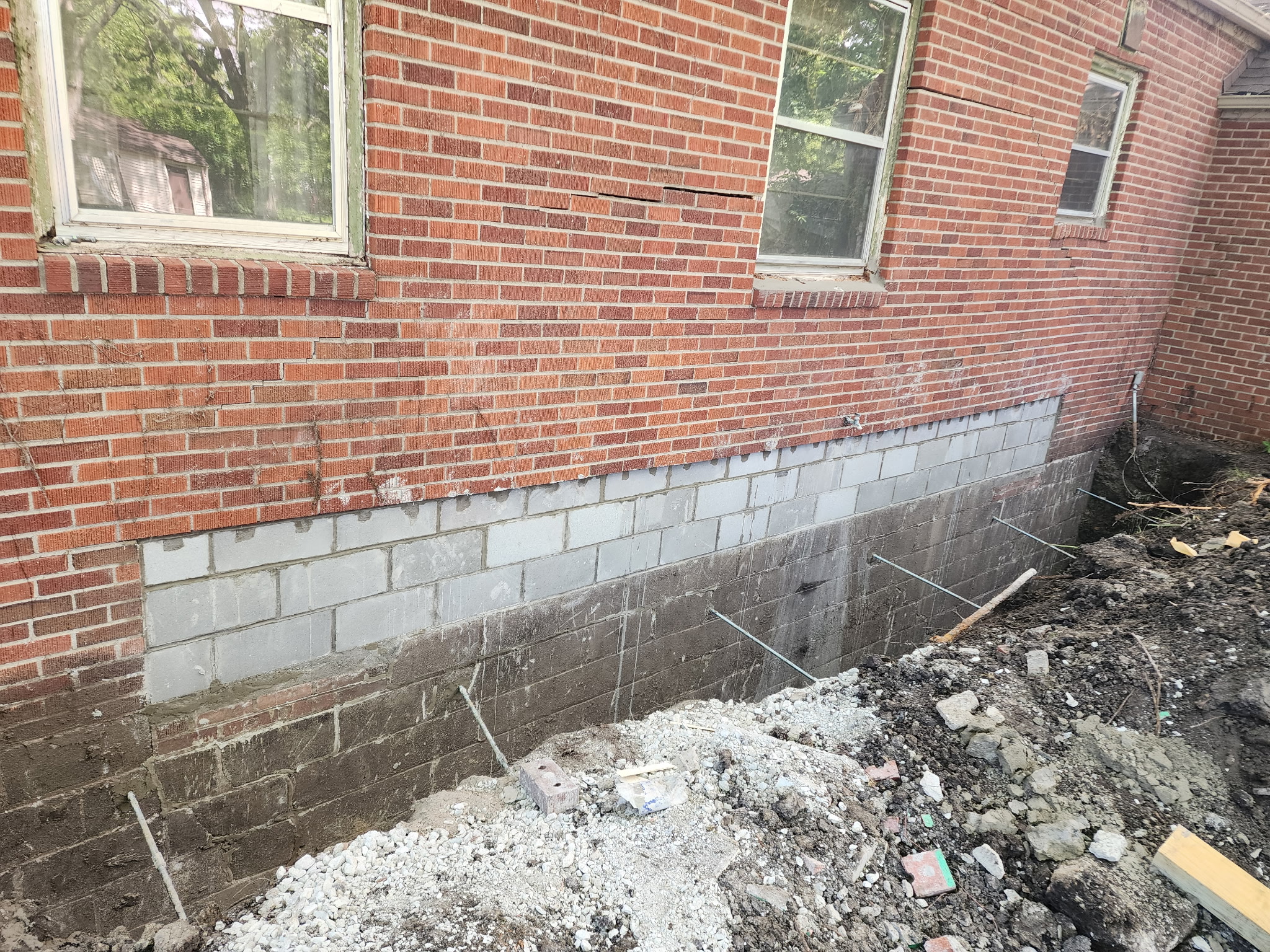 Exterior foundation block replacement on brick bungalow — Westport, Kansas City, MO