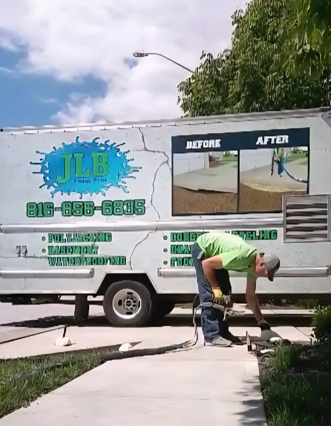 JLB crew leveling a sunken sidewalk beside the JLB truck