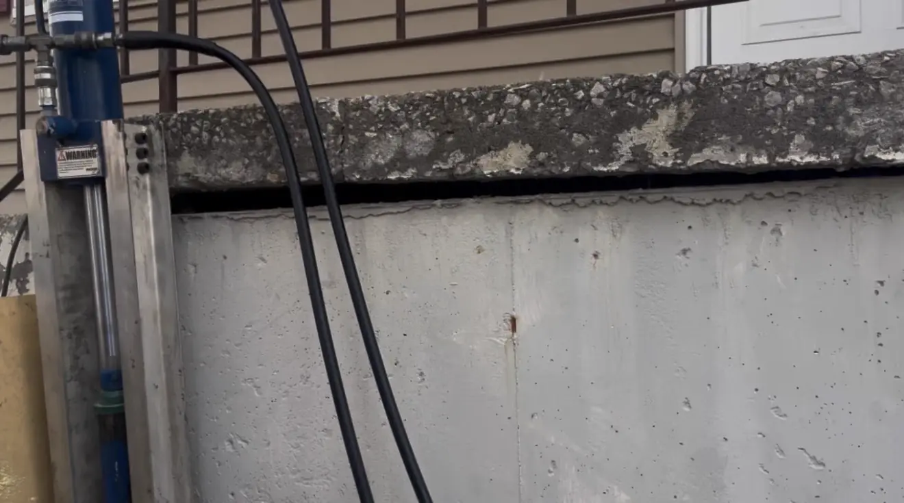 Push pier section staged against foundation wall — Lenexa, KS