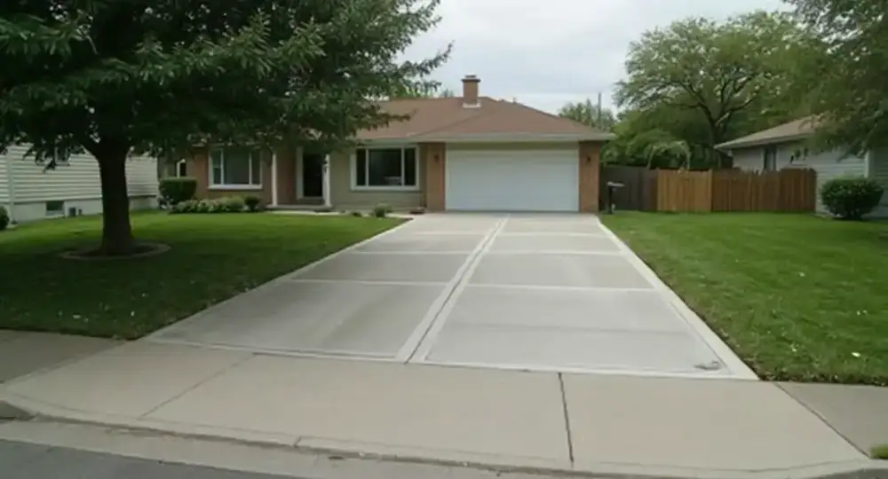 Straight broom-finish concrete driveway on a bungalow — driveways by JLB in Ankeny, Iowa