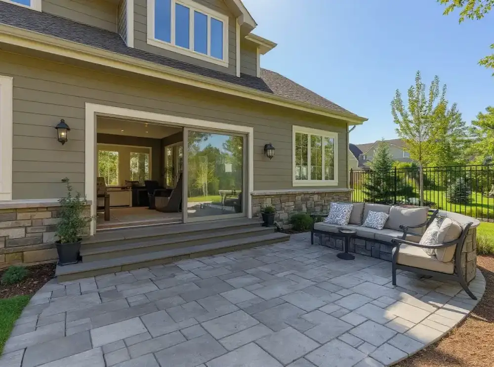 Grey ashlar-pattern stamped concrete patio — patios by JLB in Ames, Iowa