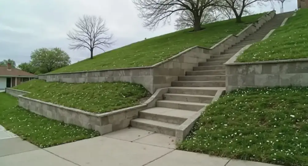 Tiered concrete retaining wall on a hillside lot — retaining walls by JLB in Ankeny, Iowa