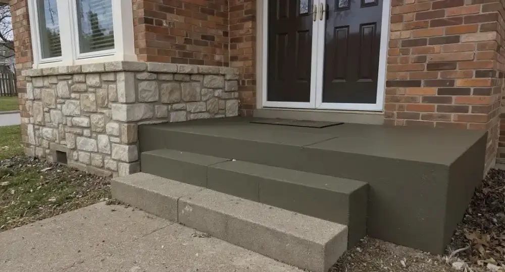 Concrete walkway with steps to a brick entrance — sidewalks by JLB in Clive, Iowa