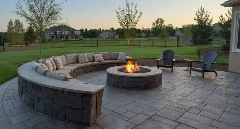 Stained concrete patio with fire pit — stained concrete by JLB in Ames, Iowa