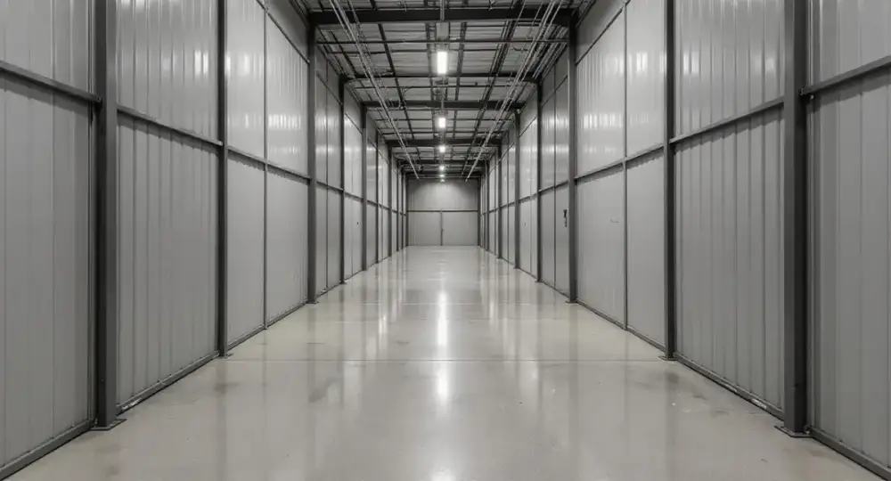 Concrete aisle floor between steel shelving — industrial floors by JLB in Ankeny, Iowa