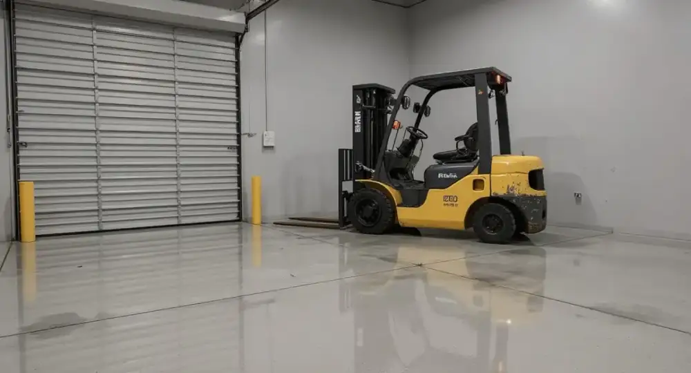 Polished concrete warehouse floor near a loading area — industrial floors by JLB in Ankeny, Iowa