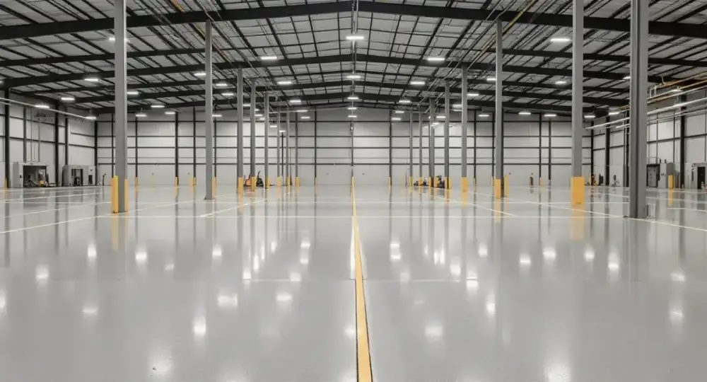 Sealed concrete warehouse floor with steel racking — industrial floors by JLB in Ankeny, Iowa