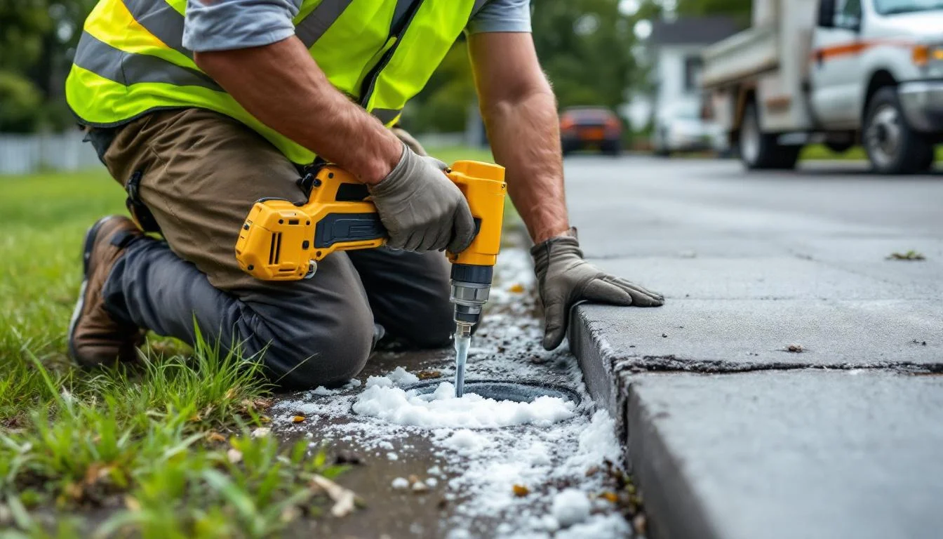 Concrete leveling in progress: foam injected beneath sunken driveway in Warrensburg