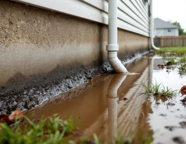 Ponding water at exterior Stone foundation wall — photographed during Kansas City site visit