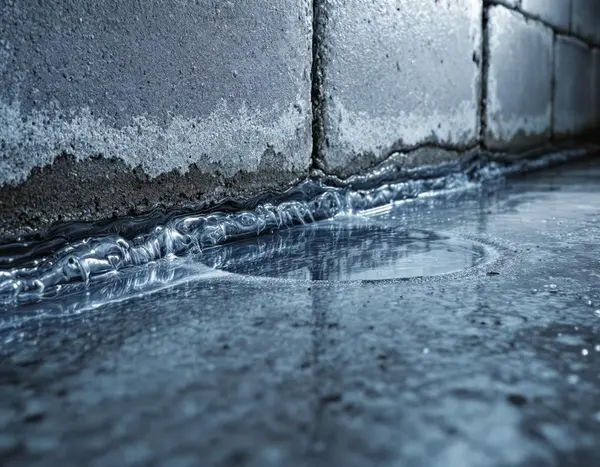 Technical photo: water emerging along floor-wall joint in 1800s basement
