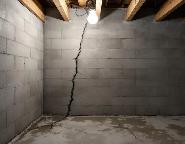 Wall bow and horizontal crack in Manson basement — professional bracing recommended