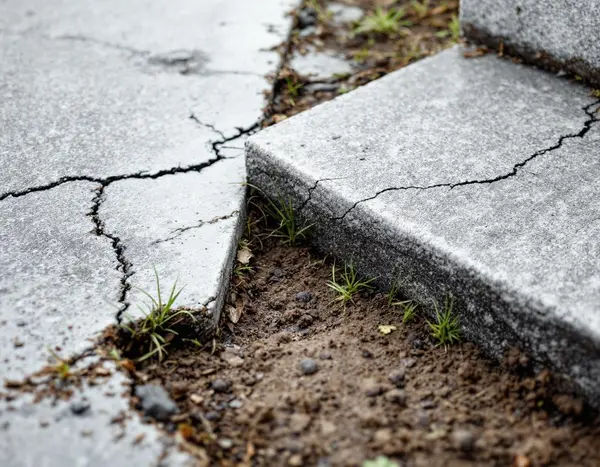 Sunken panel at driveway joint photographed in Winterset — void confirmed below